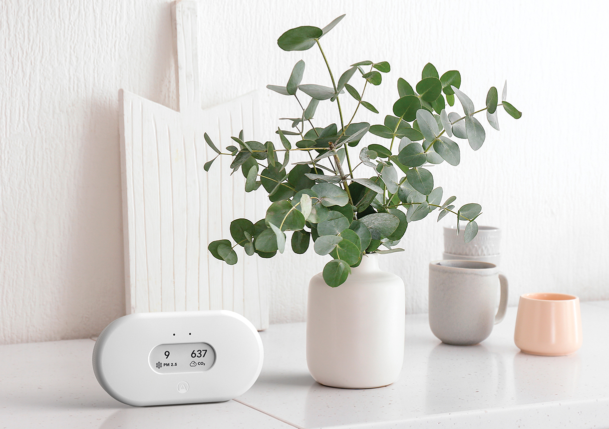 Airthings View Plus air quality monitor on a shelf